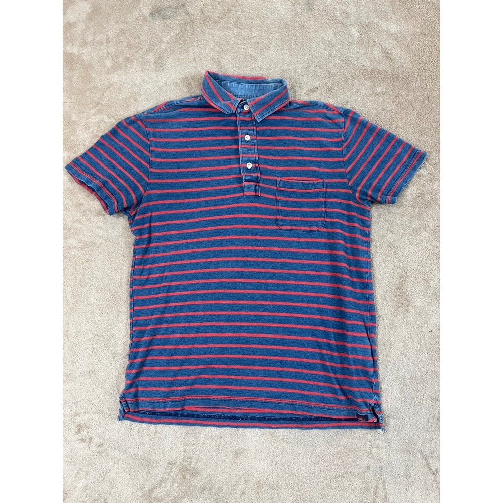 Faherty Bretón Polo Shirt Men's Small Navy Blue Striped Cotton Short Sleeve EUC